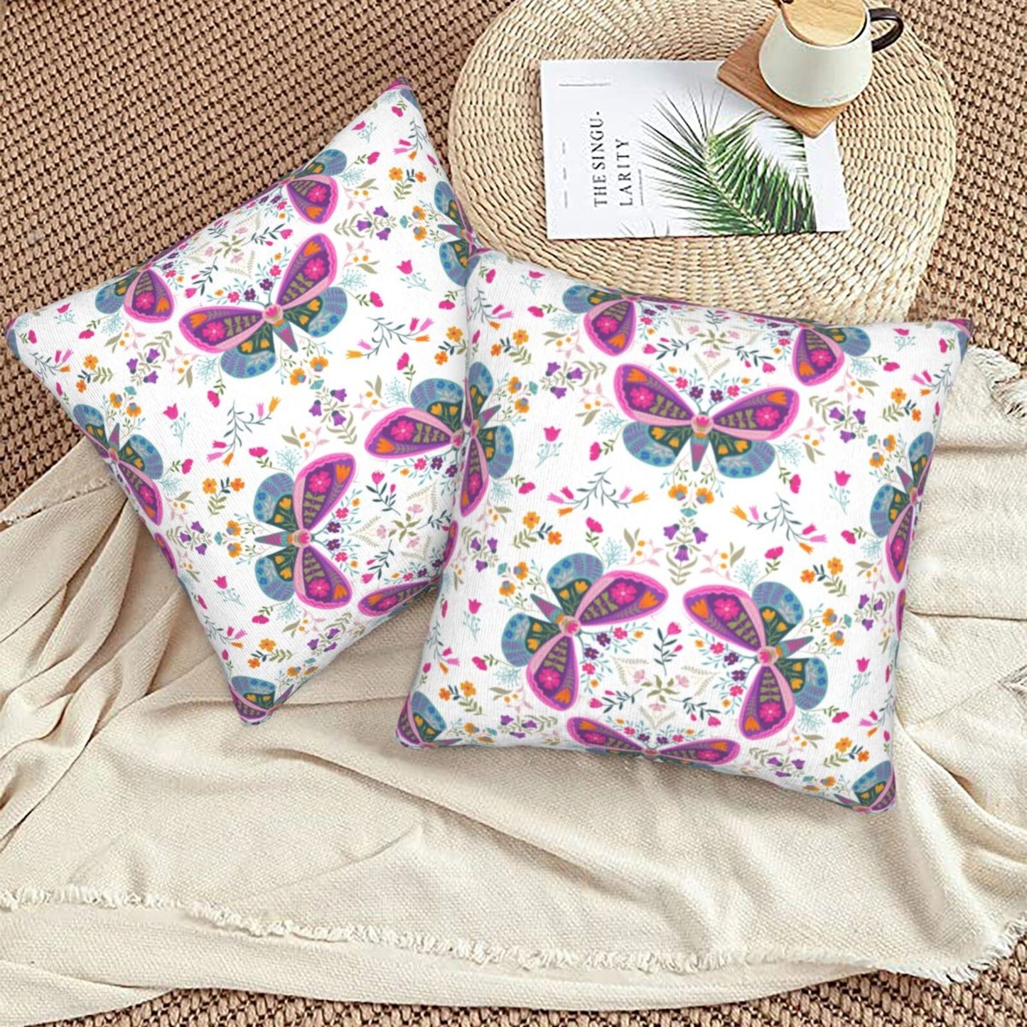 Butterflies Throw Pillow Covers 18x18 inch Set of 2 Folk Nature Velvet Cushion Covers for Sofa Couch Bed
