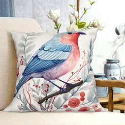 short-pile plush polyester pillow cover with blue and pink bird on berry branches, shown on a cream sofa