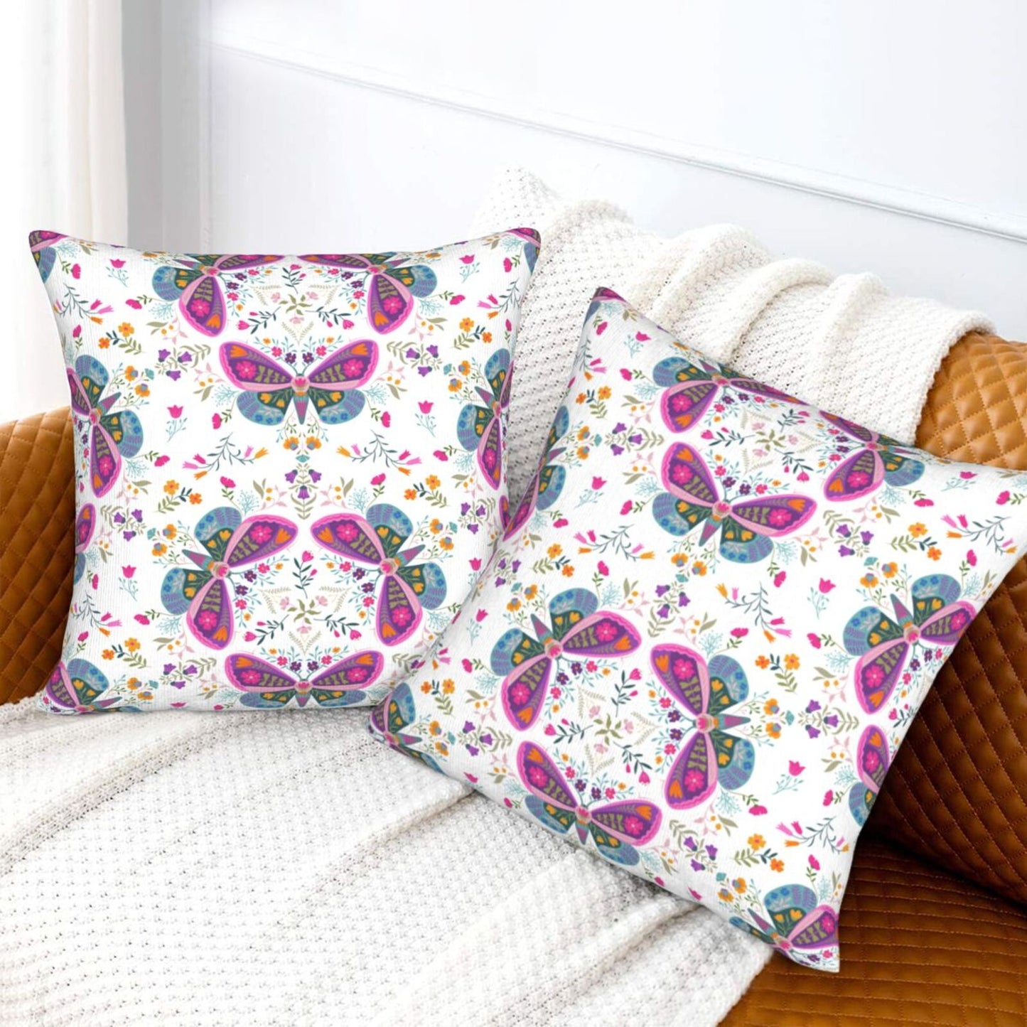 Butterflies Throw Pillow Covers 18x18 inch Set of 2 Folk Nature Velvet Cushion Covers for Sofa Couch Bed