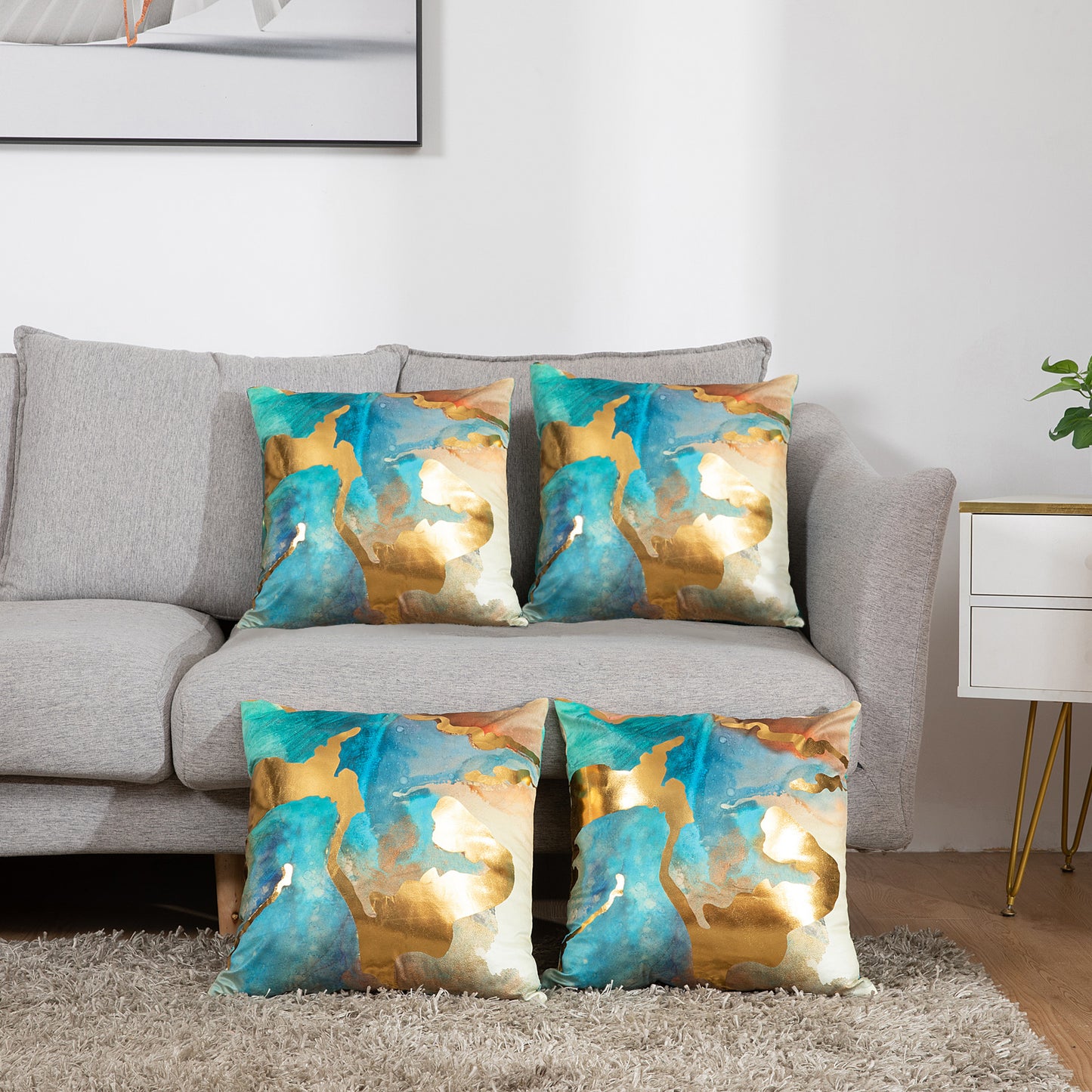 GSXAST2, HOSTECCO Teal and Gold Throw Pillow Covers 18x18 inch Blue Abstract Pillow Cases for Sofa Couch