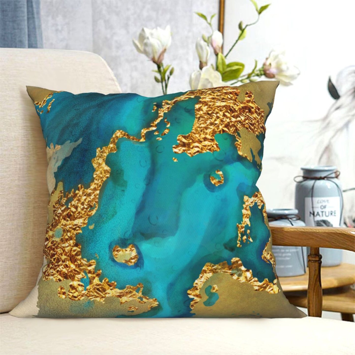 HOSTECCO Teal and Gold Throw Pillow Covers Modern Turquoise Abstract Pillow Cases for Sofa Couch