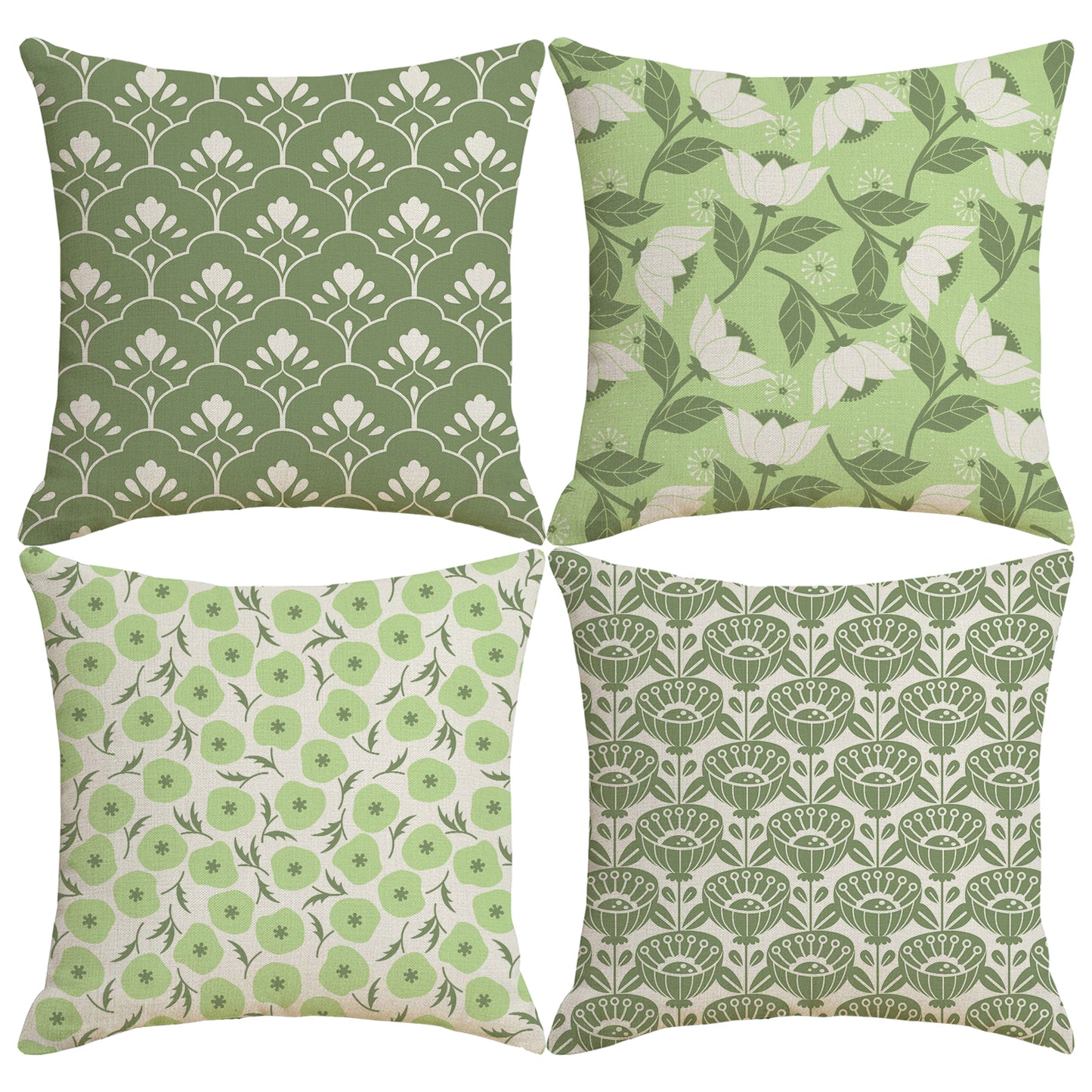 HOSTECCO Sage Green Throw Pillow Covers 18x18 inch Set of 4 Rustic Floral Pillow Cases Flower Decorative Cushion Covers for Sofa Couch