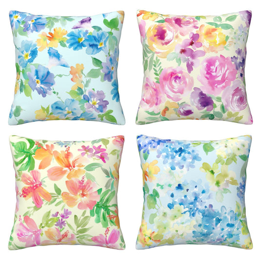 HOSTECCO Floral Throw Pillow Covers 18x18 inch Set of 4 Blue Yellow Flower Pillow Cases Watercolor Style Decorative Cushion Covers for Sofa Couch