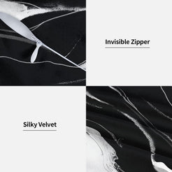 Close-up of hidden zipper and silky surface on velvet pillow cover with black and white marble