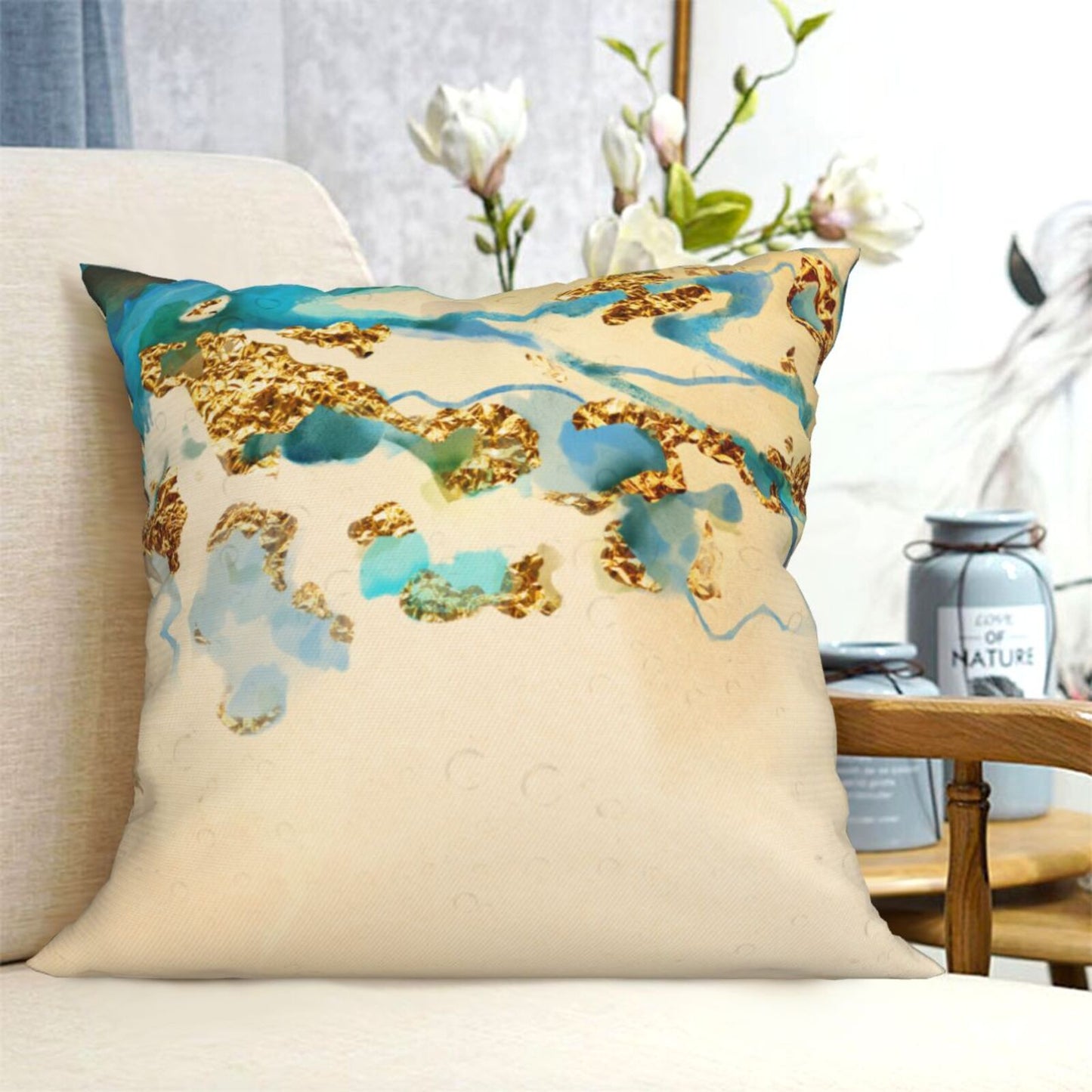 HOSTECCO Teal and Gold Throw Pillow Covers Modern Turquoise Abstract Pillow Cases for Sofa Couch