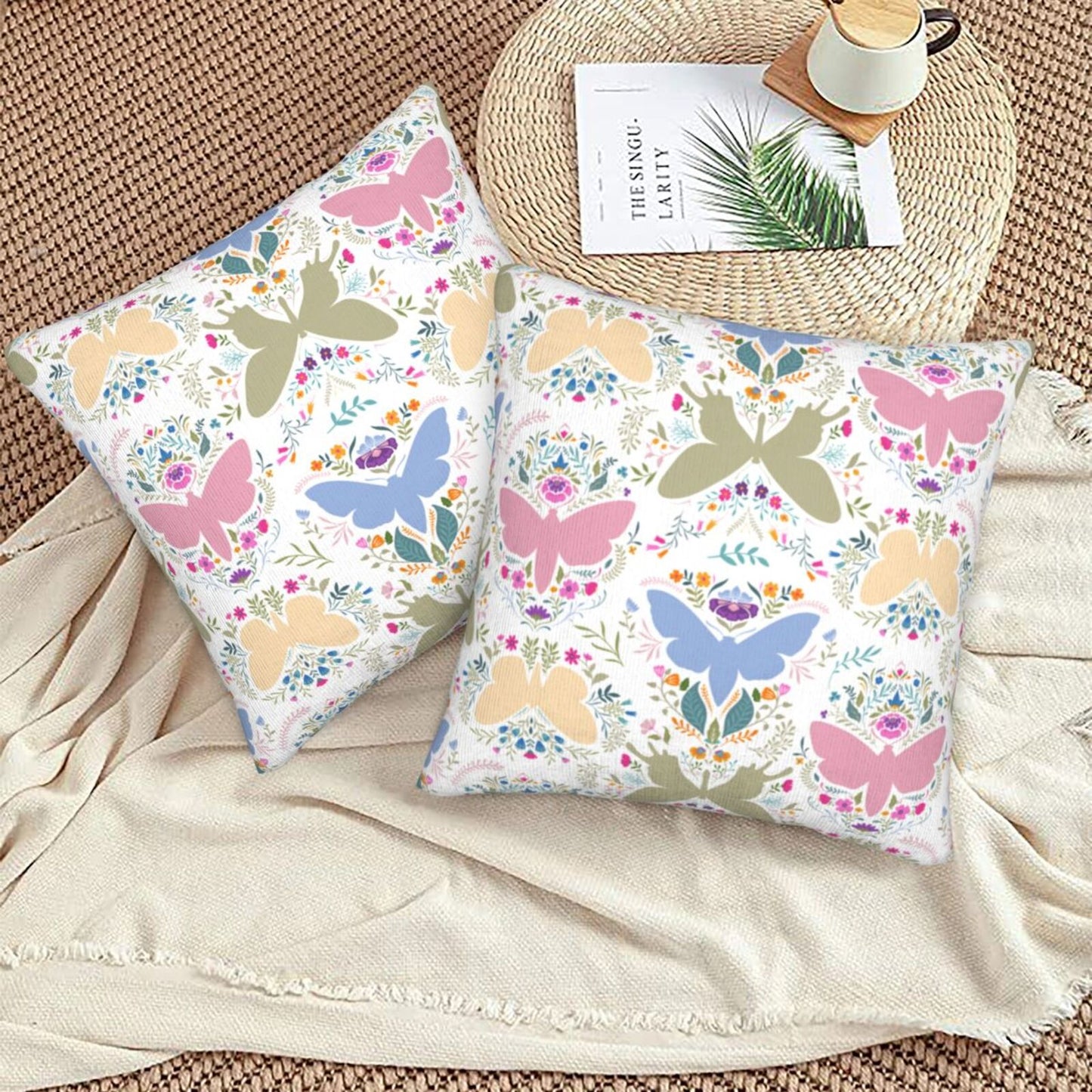Butterflies Throw Pillow Covers 18x18 inch Set of 2 Folk Nature Velvet Cushion Covers for Sofa Couch Bed