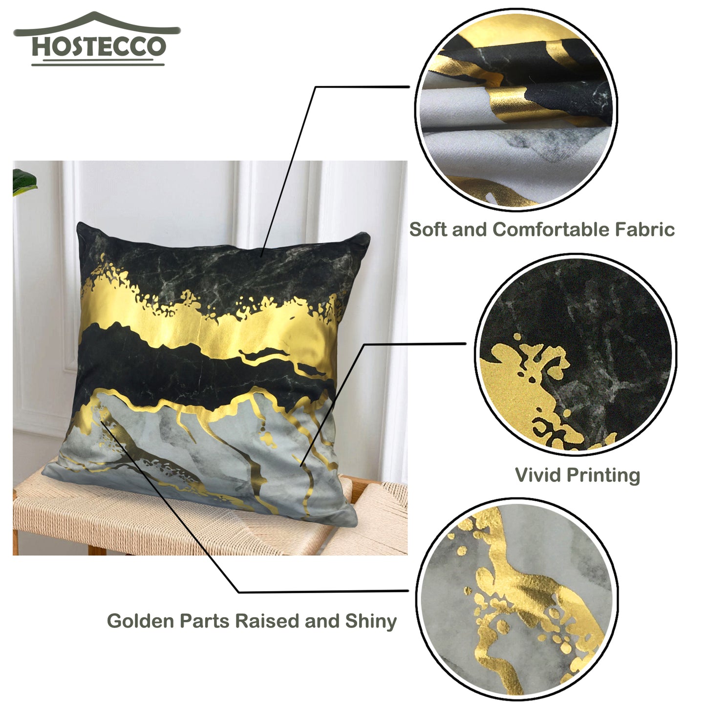 GSXASBK, HOSTECCO Black Grey Gold Throw Pillow Covers 18x18 inch Gold Foil Stamping Pillow Cases for Sofa Living Room