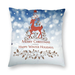 Custom photo pillow cover example with red reindeer and Merry Christmas lettering