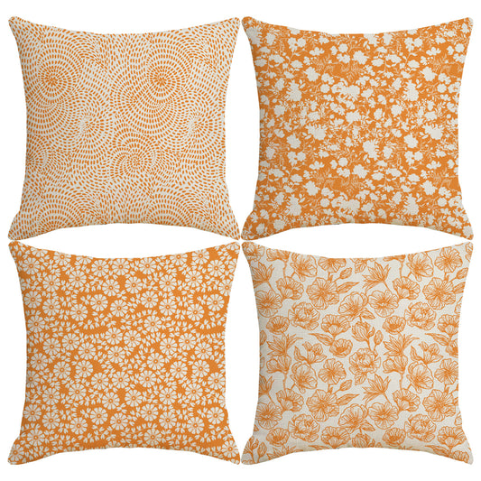 HOSTECCO Orange Floral Throw Pillow Covers 18x18 inch Set of 4 Rustic Flower Pillow Cases Vintage Dot Decorative Cushion Covers for Sofa Couch