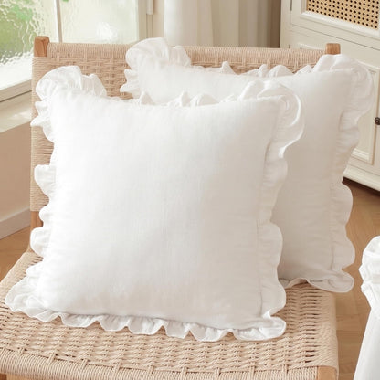 HOSTECCO Set of 2 Light Blue and White Ruffle Throw Pillow Covers 18x18 Inch, Gingham Plaid Pillow Cases, French Country Decorative Pillows for Bed