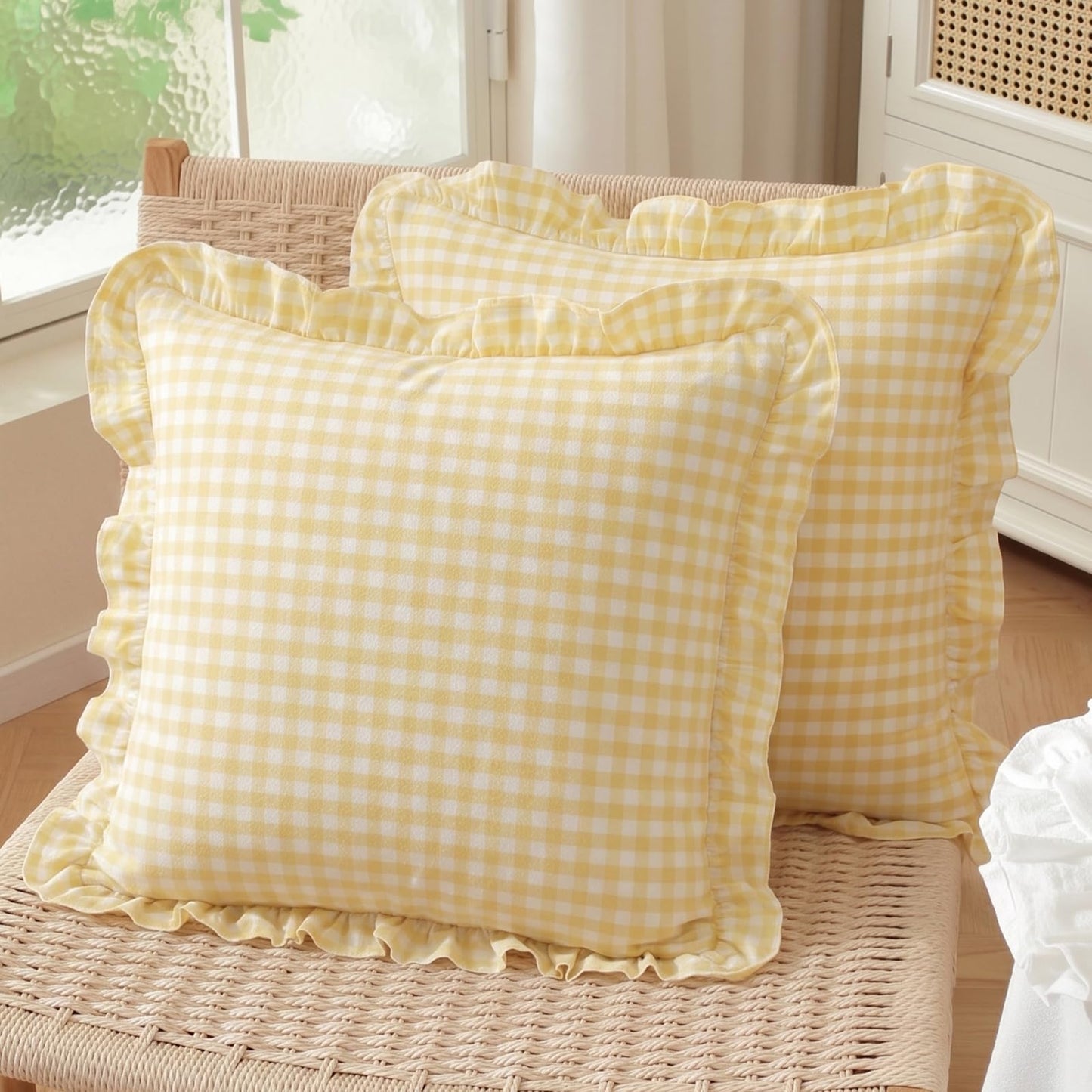 HOSTECCO Set of 2 Light Blue and White Ruffle Throw Pillow Covers 18x18 Inch, Gingham Plaid Pillow Cases, French Country Decorative Pillows for Bed