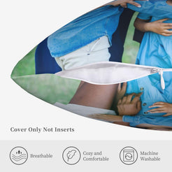 Custom photo pillow cover showing hidden zipper and washable fabric