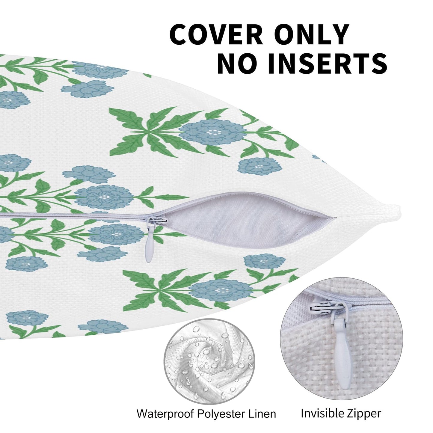 HOSTECCO Waterproof Outdoor Throw Pillow Covers, Pack of 2 Spring Blue and Green Floral Block Print Decorative Covers for Garden Couch
