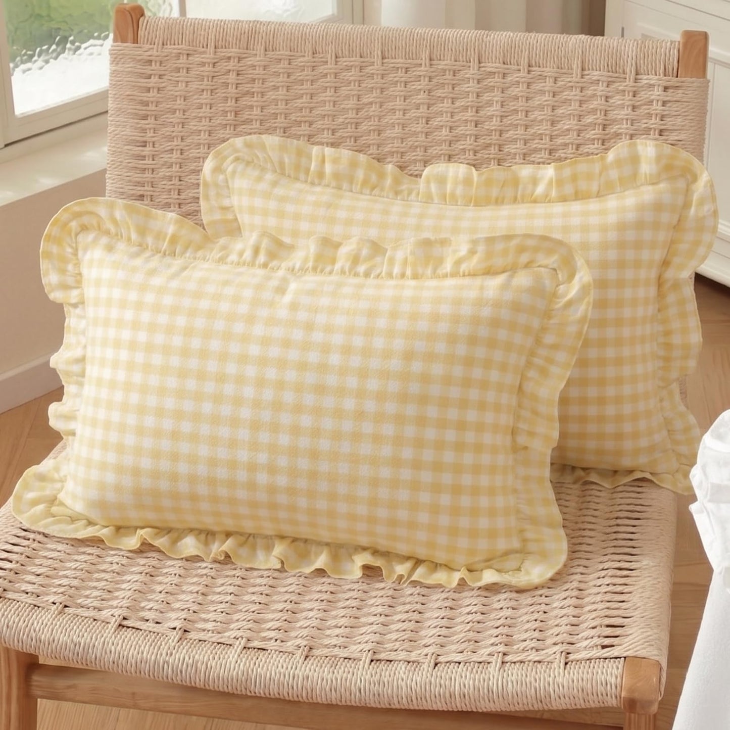 HOSTECCO Set of 2 Light Blue and White Ruffle Throw Pillow Covers 18x18 Inch, Gingham Plaid Pillow Cases, French Country Decorative Pillows for Bed
