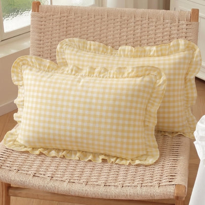 HOSTECCO Set of 2 Light Blue and White Ruffle Throw Pillow Covers 18x18 Inch, Gingham Plaid Pillow Cases, French Country Decorative Pillows for Bed