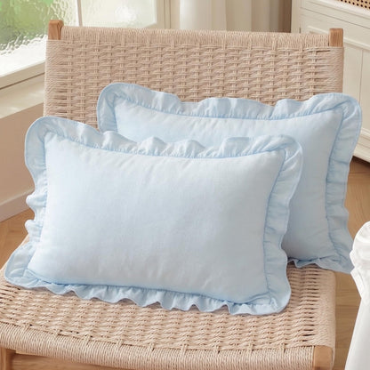 HOSTECCO Set of 2 Light Blue and White Ruffle Throw Pillow Covers 18x18 Inch, Gingham Plaid Pillow Cases, French Country Decorative Pillows for Bed