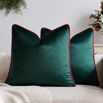 HOSTECCO Christmas Pillow Covers Red and Green Decorative Pillows Red Velvet Lumbar Throw Pillows
