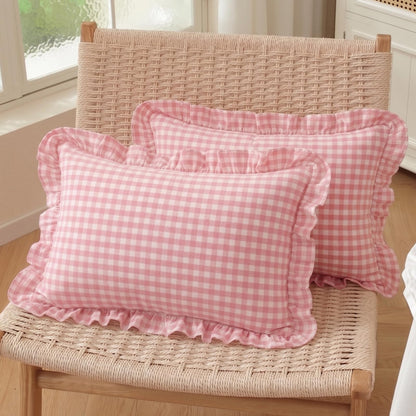 HOSTECCO Set of 2 Light Blue and White Ruffle Throw Pillow Covers 18x18 Inch, Gingham Plaid Pillow Cases, French Country Decorative Pillows for Bed