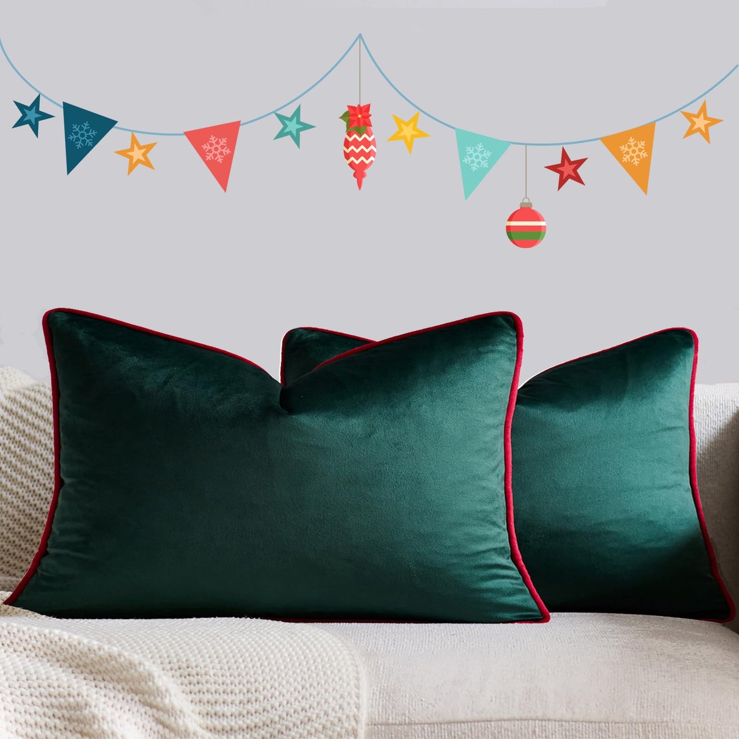 HOSTECCO Christmas Pillow Covers Red and Green Decorative Pillows Red Velvet Lumbar Throw Pillows