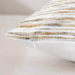 Hidden zipper and edge detail on chenille-textured polyester pillow cover with cream, gray and ochre horizontal stripes