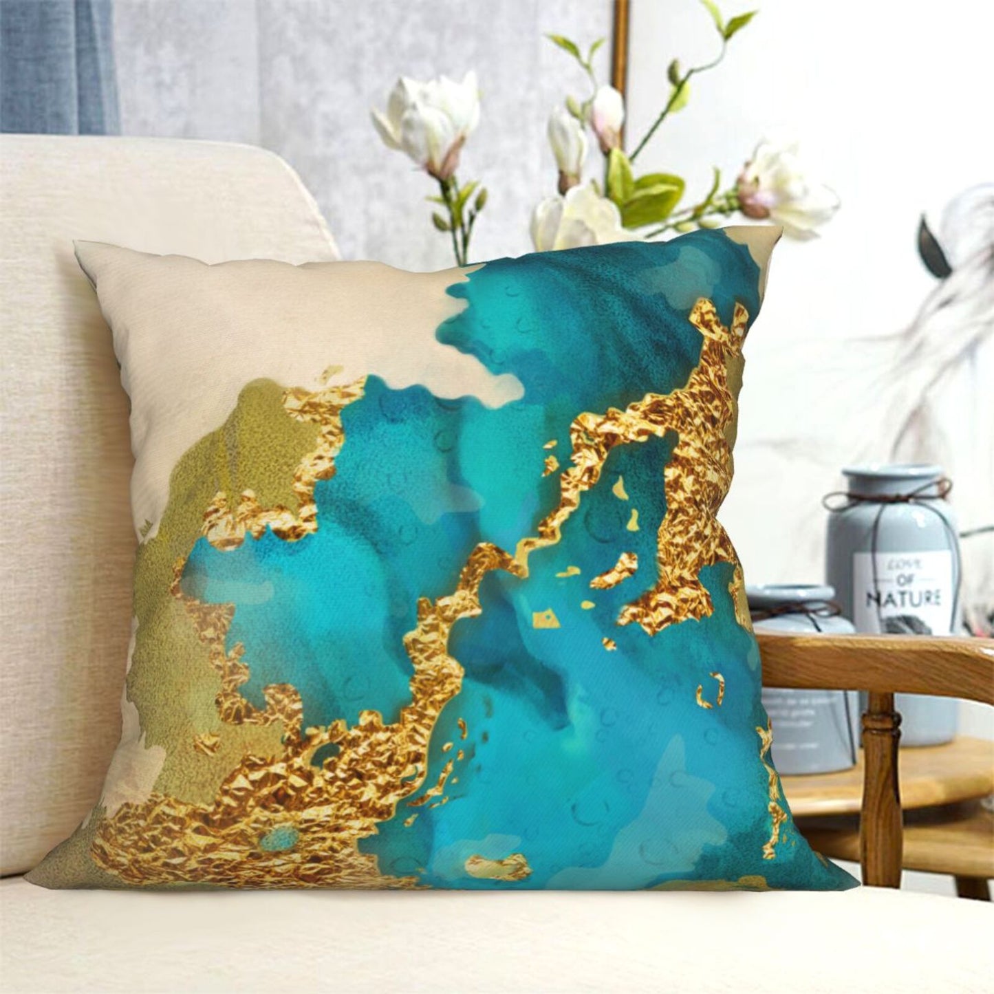 HOSTECCO Teal and Gold Throw Pillow Covers Modern Turquoise Abstract Pillow Cases for Sofa Couch