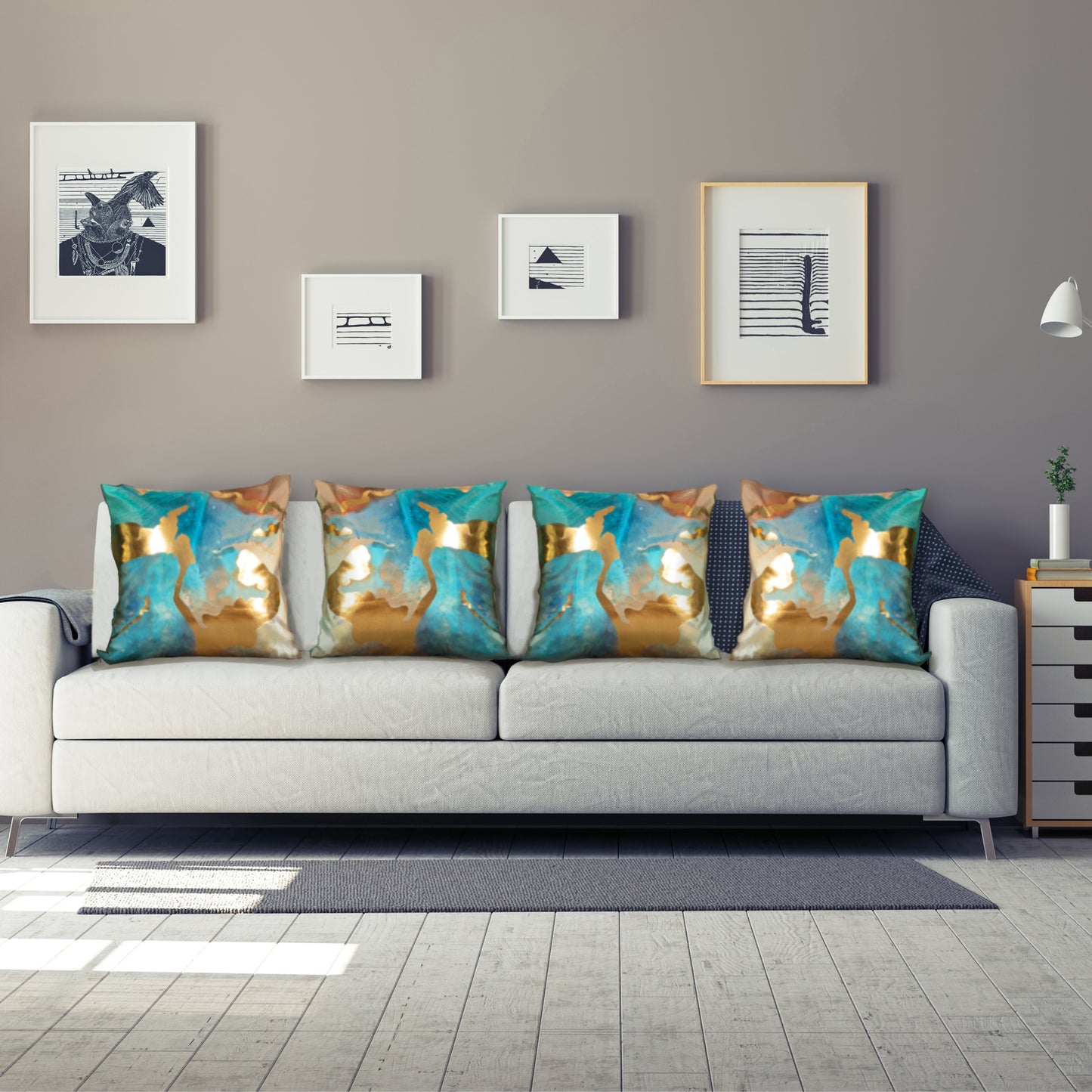 GSXAST2, HOSTECCO Teal and Gold Throw Pillow Covers 18x18 inch Blue Abstract Pillow Cases for Sofa Couch