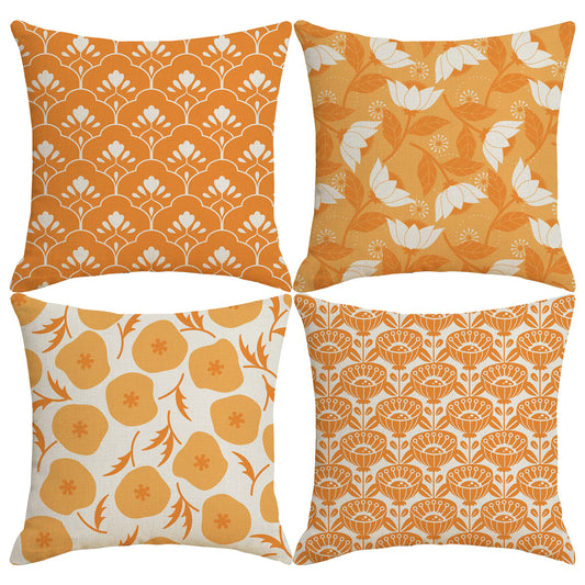 HOSTECCO Orange Floral Cushion Covers 45x45 cm Set of 4 Rustic Flower Cushion Cases Boho Decorative Pillow Covers for Sofa Couch