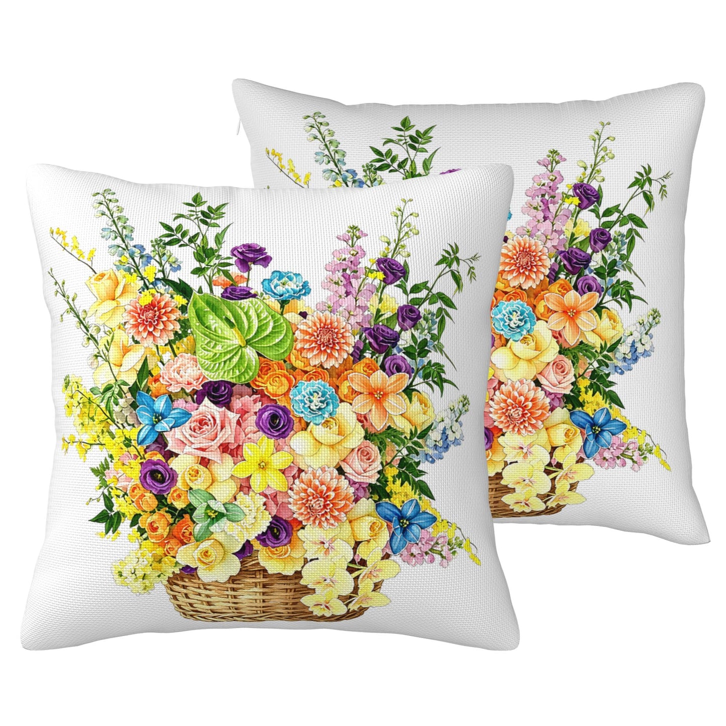 HOSTECCO Waterproof Floral Pillow Covers 18x18 Set of 2, Spring Outdoor Throw Pillows, Red Geranium Flower Basket Bee Farmhouse Decorative Accent Cases for Couch Patio Garden