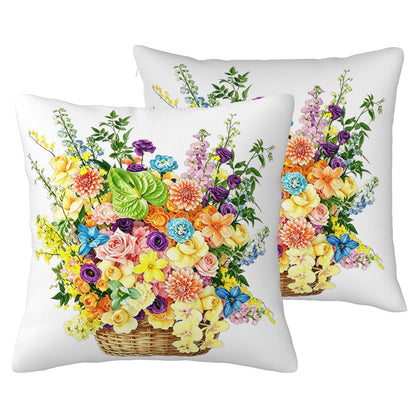 HOSTECCO Waterproof Floral Pillow Covers 18x18 Set of 2, Spring Outdoor Throw Pillows, Red Geranium Flower Basket Bee Farmhouse Decorative Accent Cases for Couch Patio Garden