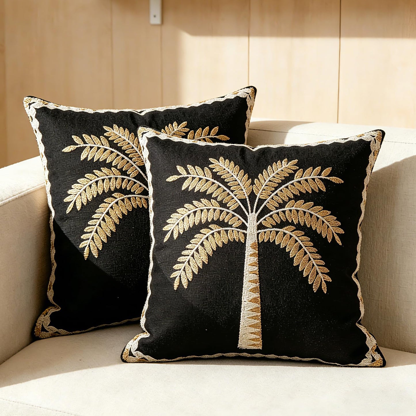 HOSTECCO Set of 2 Tropical Palm Tree Embroidered Throw Pillow Covers, Cotton Linen Decorative Square Cushion Covers for Couch Sofa Coastal Farmhouse Decor, 18x18 Inch, Black