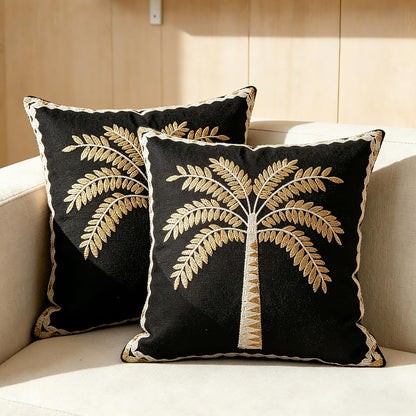 HOSTECCO Set of 2 Tropical Palm Tree Embroidered Throw Pillow Covers, Cotton Linen Decorative Square Cushion Covers for Couch Sofa Coastal Farmhouse Decor, 18x18 Inch, Black