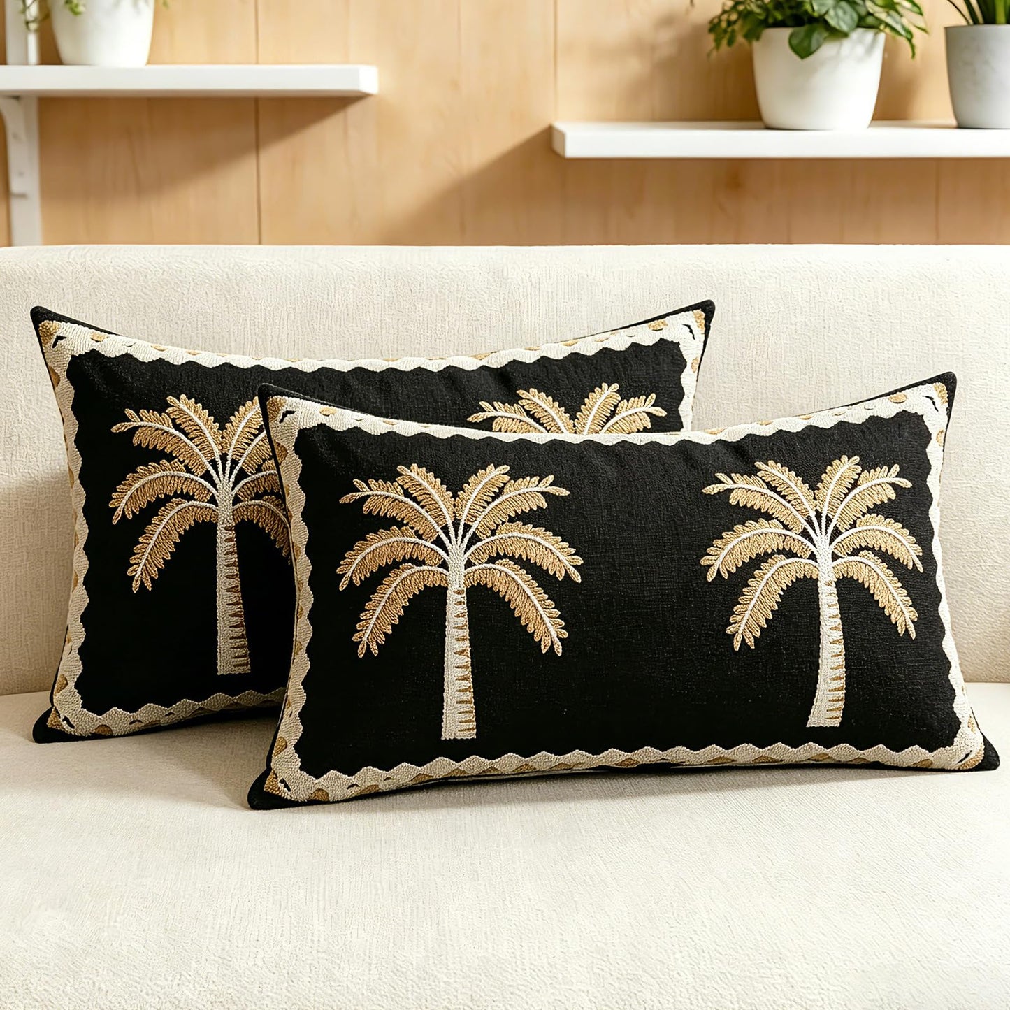 HOSTECCO Set of 2 Tropical Palm Tree Embroidered Throw Pillow Covers, Cotton Linen Decorative Square Cushion Covers for Couch Sofa Coastal Farmhouse Decor, 18x18 Inch, Black