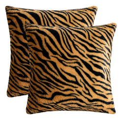 Set of two faux-fur plush polyester pillow covers with golden tiger stripes