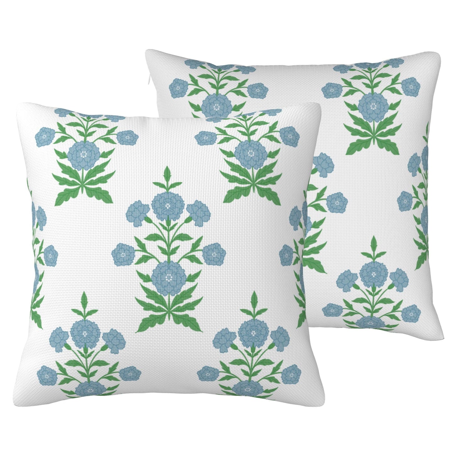 HOSTECCO Waterproof Outdoor Throw Pillow Covers, Pack of 2 Spring Blue and Green Floral Block Print Decorative Covers for Garden Couch
