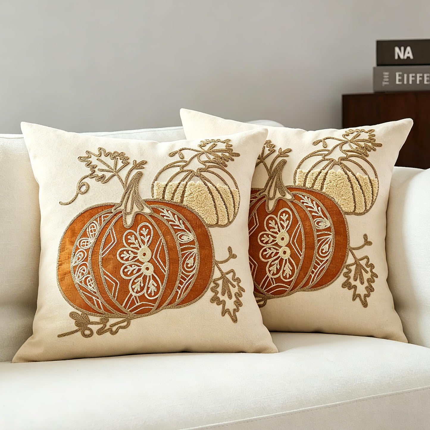 HOSTECCO Set of 2 Tropical Palm Tree Embroidered Throw Pillow Covers, Cotton Linen Decorative Square Cushion Covers for Couch Sofa Coastal Farmhouse Decor, 18x18 Inch, Black