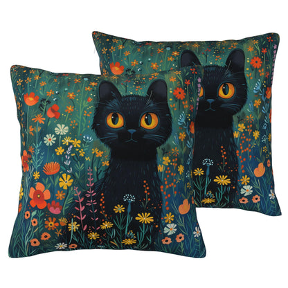 HOSTECCO Floral Black Cat Throw Pillow Covers, Waterproof Spring Pillow Covers with Colorful Wildflowers, Cute Garden Cat Throw Pillows for Couch Sofa Bedroom, Cat Lady Mom Gift Decor
