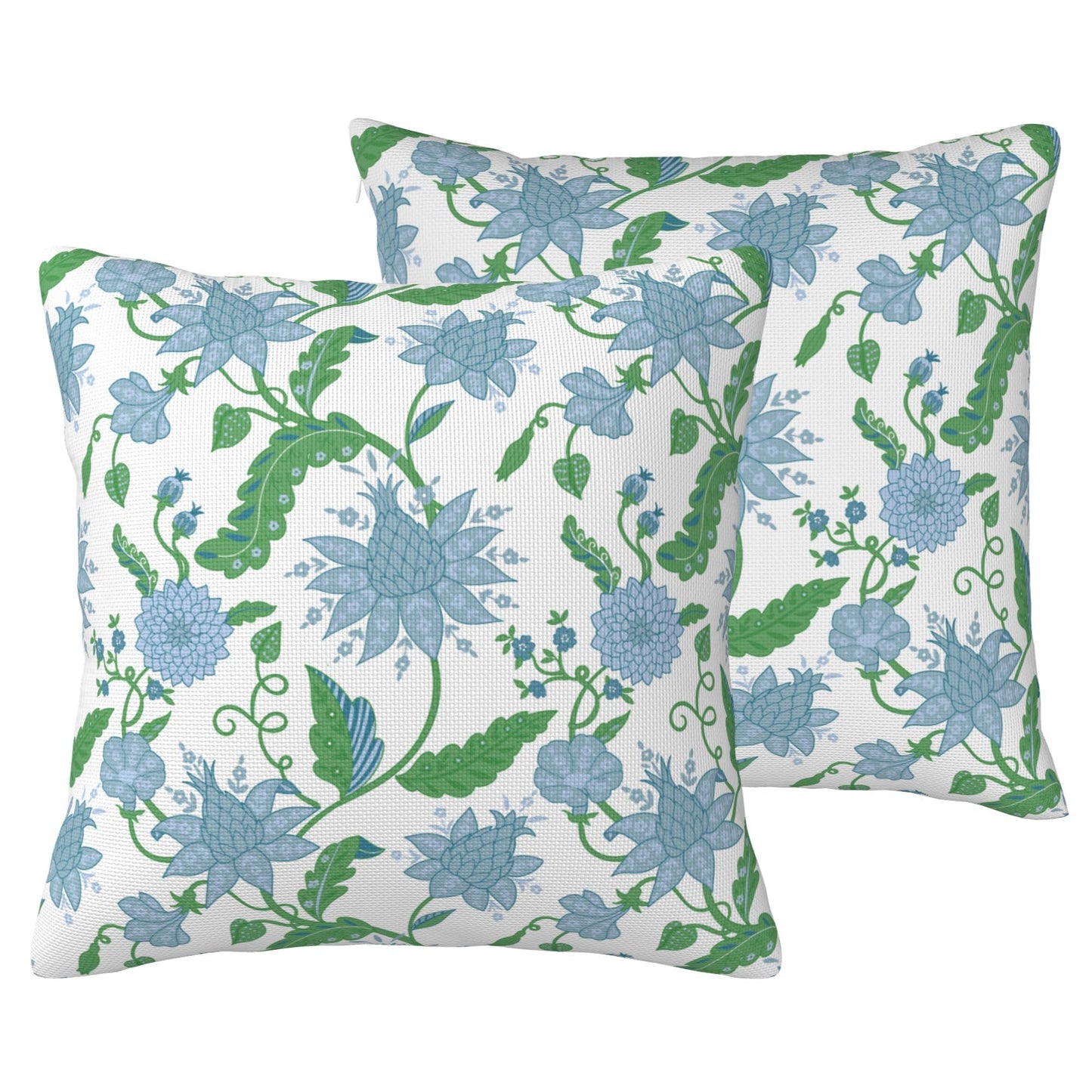 HOSTECCO Waterproof Outdoor Throw Pillow Covers, Pack of 2 Spring Blue and Green Floral Block Print Decorative Covers for Garden Couch