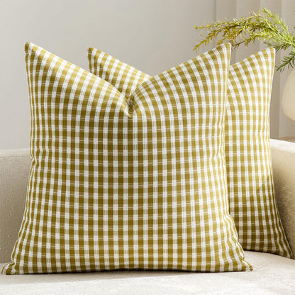 HOSTECCO Outdoor Waterproof Plaid Throw Pillow Covers Set of 2, Orange Gingham Couch Pillow Cases, Boho Farmhouse Cushion Covers for Patio Furniture Summer Fall Decor