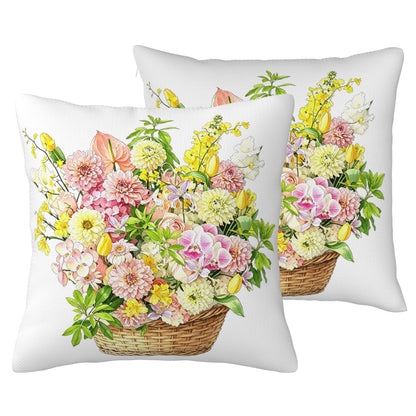 HOSTECCO Waterproof Floral Pillow Covers 18x18 Set of 2, Spring Outdoor Throw Pillows, Red Geranium Flower Basket Bee Farmhouse Decorative Accent Cases for Couch Patio Garden