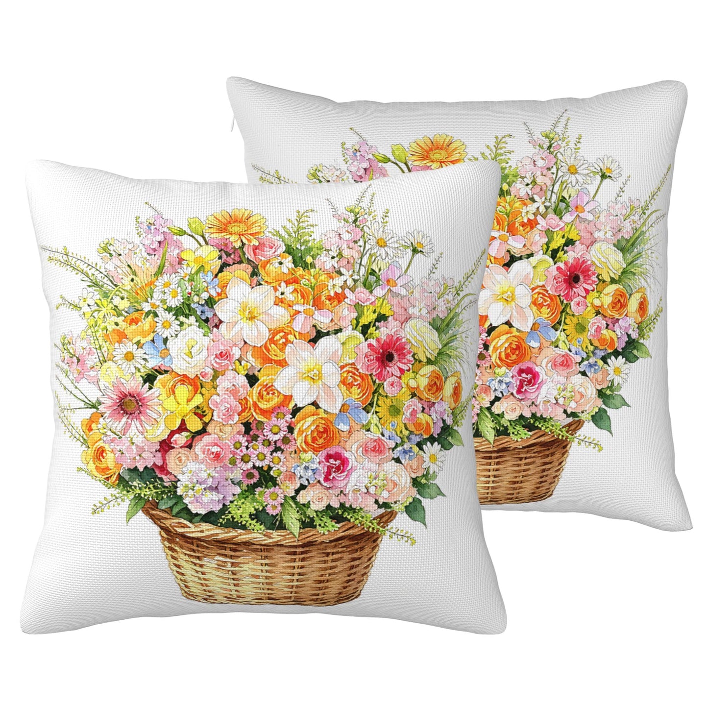HOSTECCO Waterproof Floral Pillow Covers 18x18 Set of 2, Spring Outdoor Throw Pillows, Red Geranium Flower Basket Bee Farmhouse Decorative Accent Cases for Couch Patio Garden