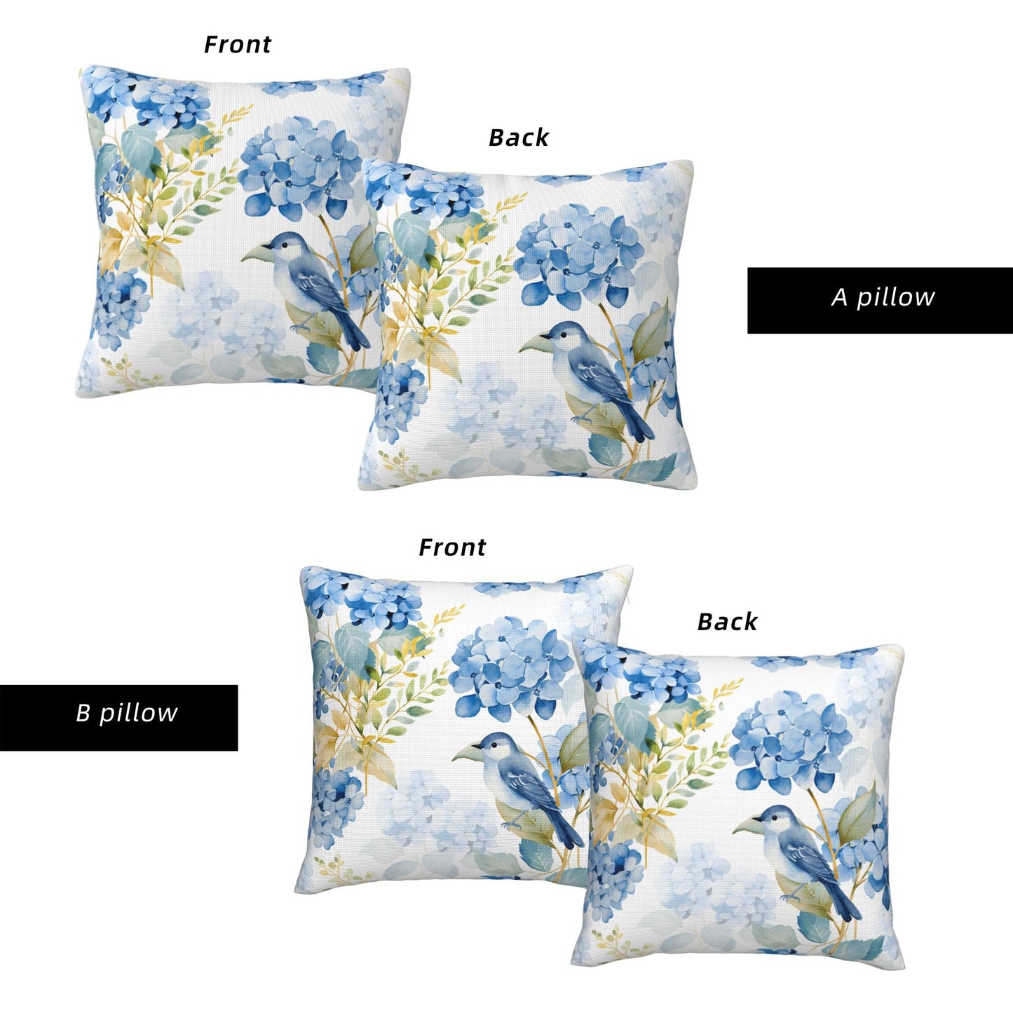 HOSTECCO Spring Outdoor Pillow Covers Set of 2, Blue Bird and Hydrangea Waterproof Throw Pillows, Floral Cushion Covers for Summer Patio Balcony Sofa