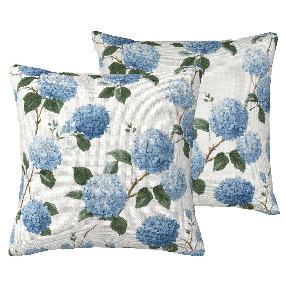 Set of two water-resistant linen-look polyester pillow covers with blue hydrangea clusters