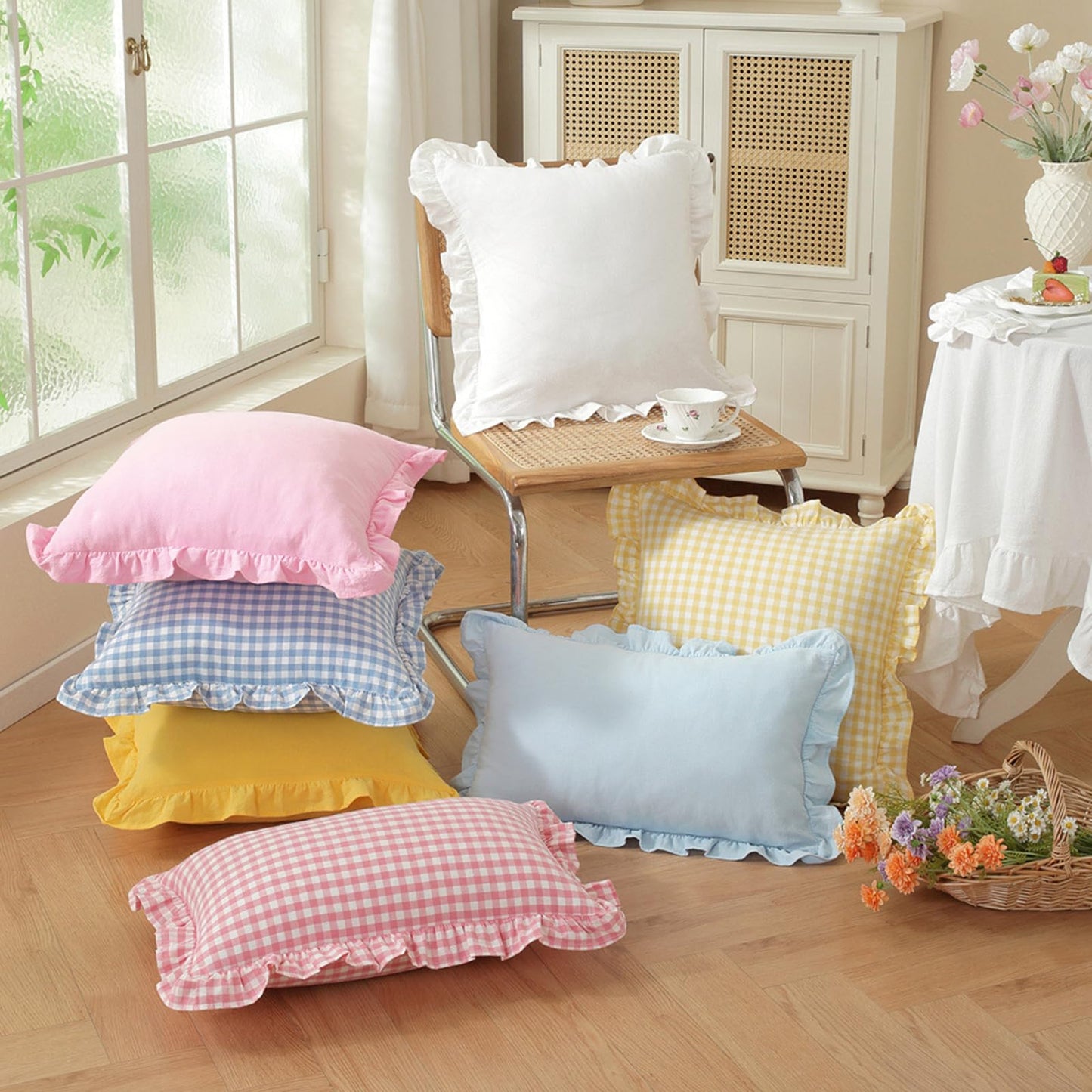HOSTECCO Set of 2 Light Blue and White Ruffle Throw Pillow Covers 18x18 Inch, Gingham Plaid Pillow Cases, French Country Decorative Pillows for Bed