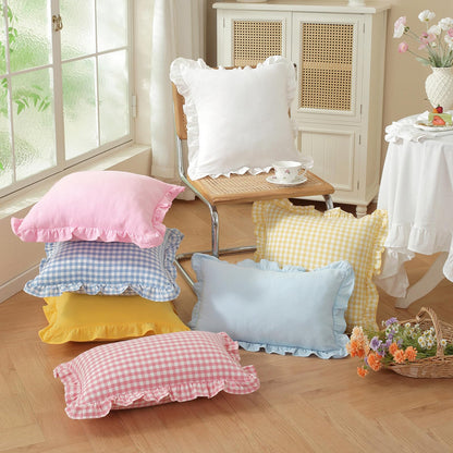 HOSTECCO Set of 2 Light Blue and White Ruffle Throw Pillow Covers 18x18 Inch, Gingham Plaid Pillow Cases, French Country Decorative Pillows for Bed