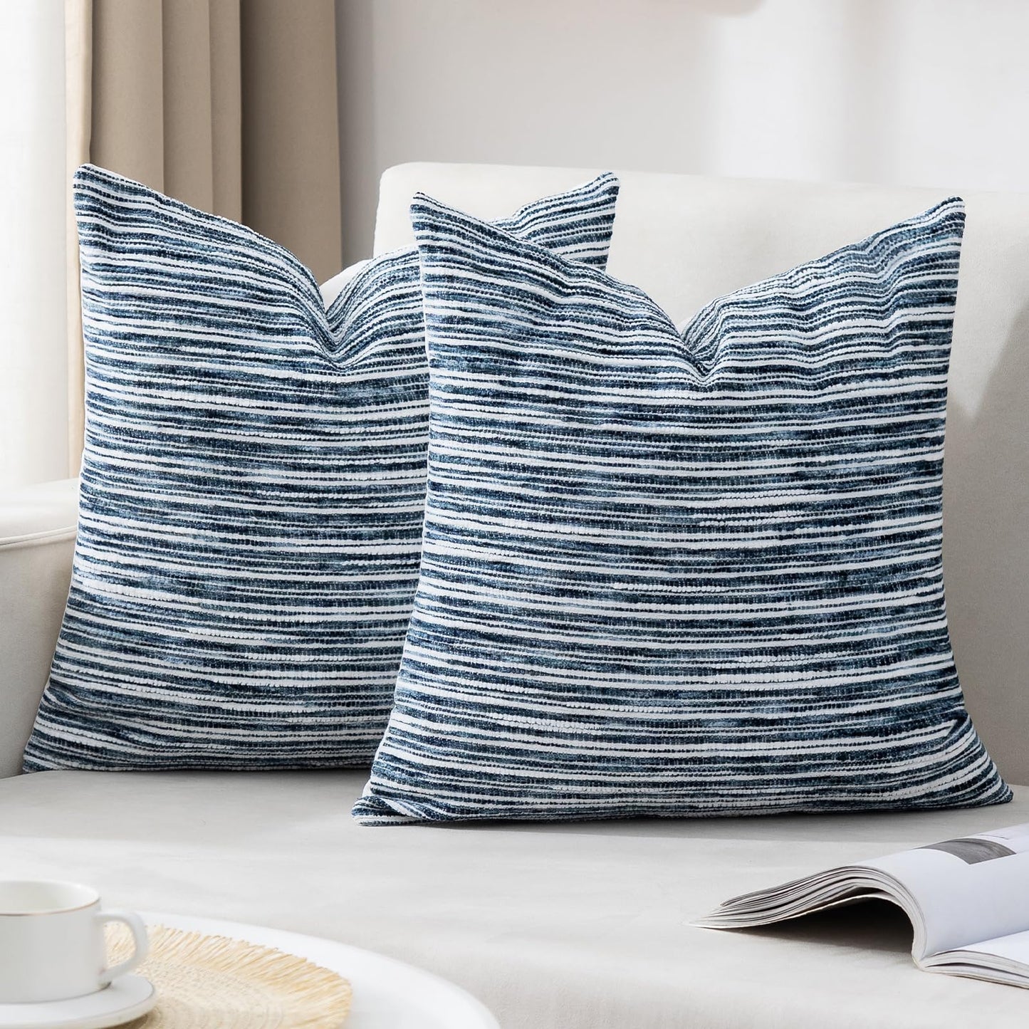 HOSTECCO Blue and White Pillow Covers 18x18 Set of 2, Chenille Striped Pillow Cases Coastal Decorative Tufted Square Cushion Covers for Blue Living Room Decor