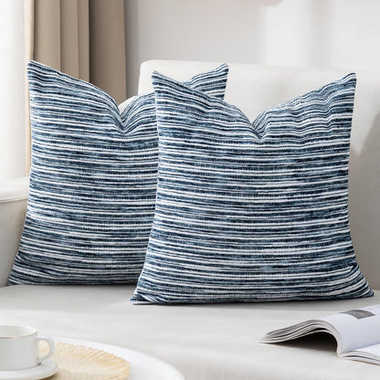 HOSTECCO Blue and White Pillow Covers 18x18 Set of 2, Chenille Striped Pillow Cases Coastal Decorative Tufted Square Cushion Covers for Blue Living Room Decor