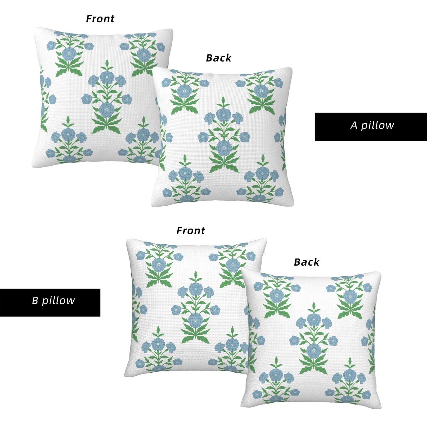 HOSTECCO Waterproof Outdoor Throw Pillow Covers, Pack of 2 Spring Blue and Green Floral Block Print Decorative Covers for Garden Couch