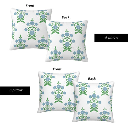 HOSTECCO Waterproof Outdoor Throw Pillow Covers, Pack of 2 Spring Blue and Green Floral Block Print Decorative Covers for Garden Couch