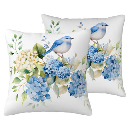 HOSTECCO Spring Outdoor Pillow Covers Set of 2, Blue Bird and Hydrangea Waterproof Throw Pillows, Floral Cushion Covers for Summer Patio Balcony Sofa
