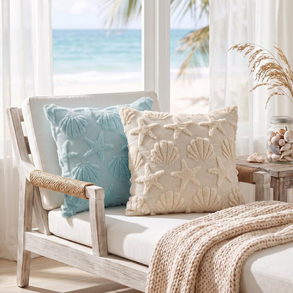 Blue Coastal pillow covers with textured seashell and starfish pattern